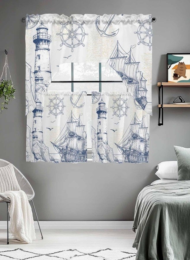 Jolunifun Retro Light-house Swag Kitchen Curtain Sets with Valance,3 Pieces Rod Pocket Curtain Drapes for Bedroom Bathroom Cafe Windows,Blue Ocean Coastal Nautical Anchor 56''x36''&24''x27.5''x2Panels - Image 4